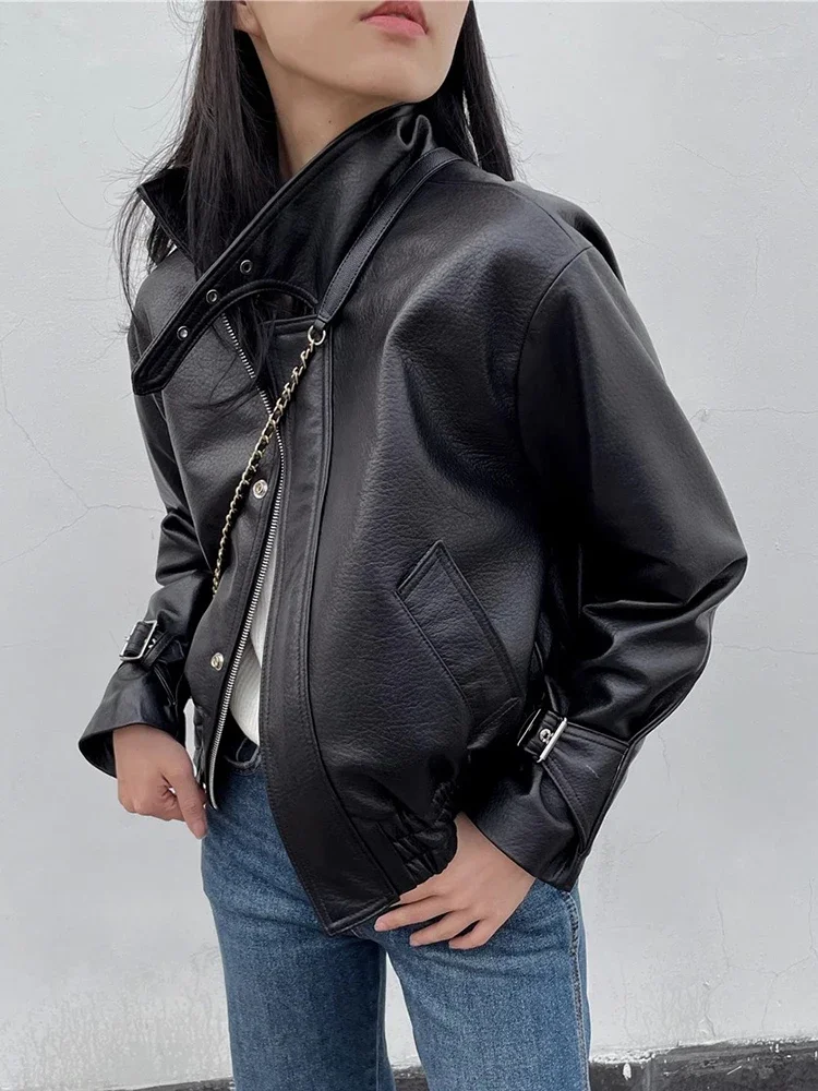 Black Short Genuine Leather Motorcycle Jackets for Women Spring Autumn 2026 New High-end Simple Soft Bubble Real Sheepskin Coat view 2