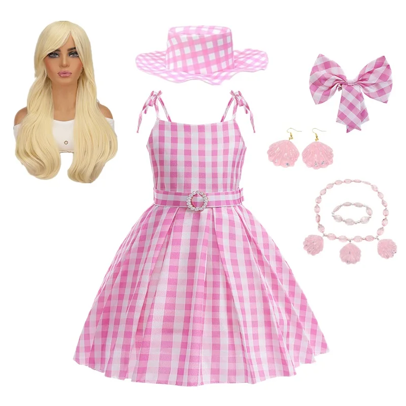 2024 New Movie Barbi Costume for Girls Cosplay Pink Plaid Dress Children Halloween Carnival Kids Party Wear 3-10 Years