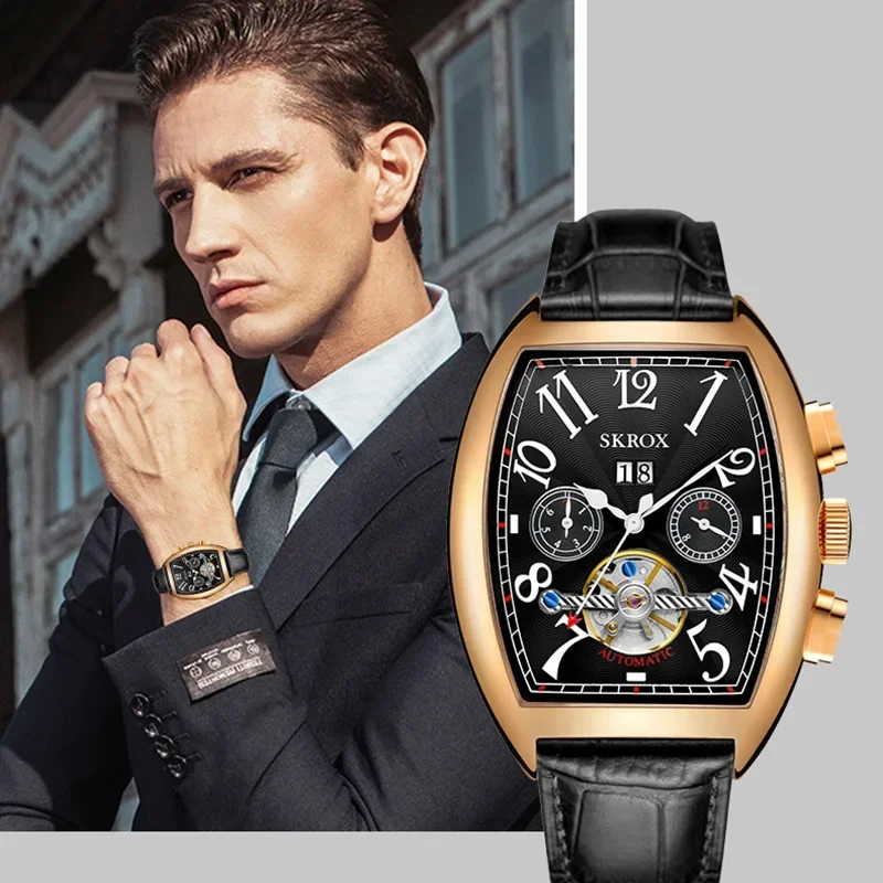 SKROX Shanghai movimiento automático Tourbillon Tonneau marcas de lujo reloj de hombre relojes de pulsera mecánicos para hombre reloj con correa de cuero