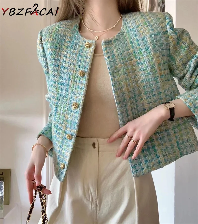 

Women's Winter Coat Luxury Tweed Blue Jacket Korean Fashion O Neck Long Sleeve Wool Woven Coat Plaid Small Fragrance Jacket New