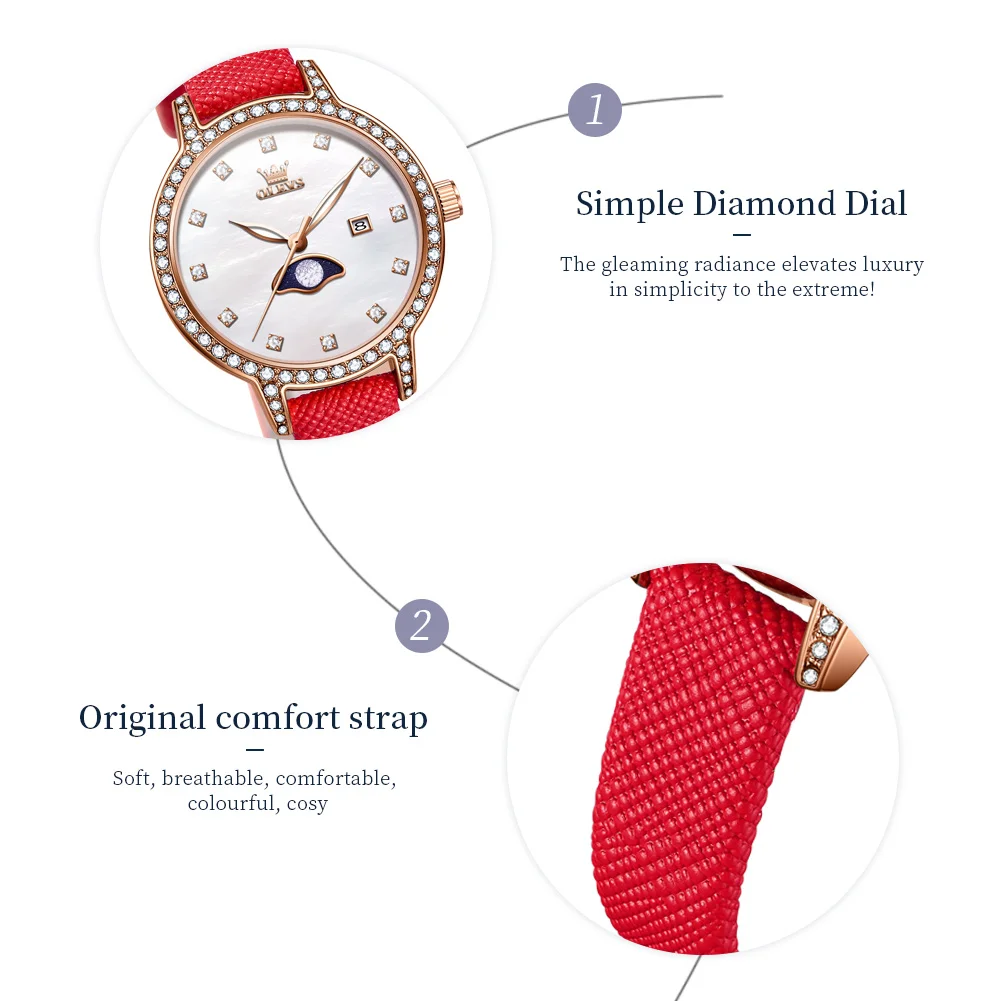 OLEVS 5597 Leather Strap Luxury Diamond Lap Original Quartz Watch for Women Moon Phase Waterproof Elegant Ladies Wristwatch Gift