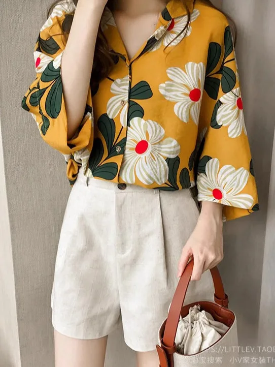 2024 summer New Han Fan Thin Yellow Printed Chiffon Shirt Top Women's Half Sleeve Fragmented Flower Sunscreen Shirt BN7K