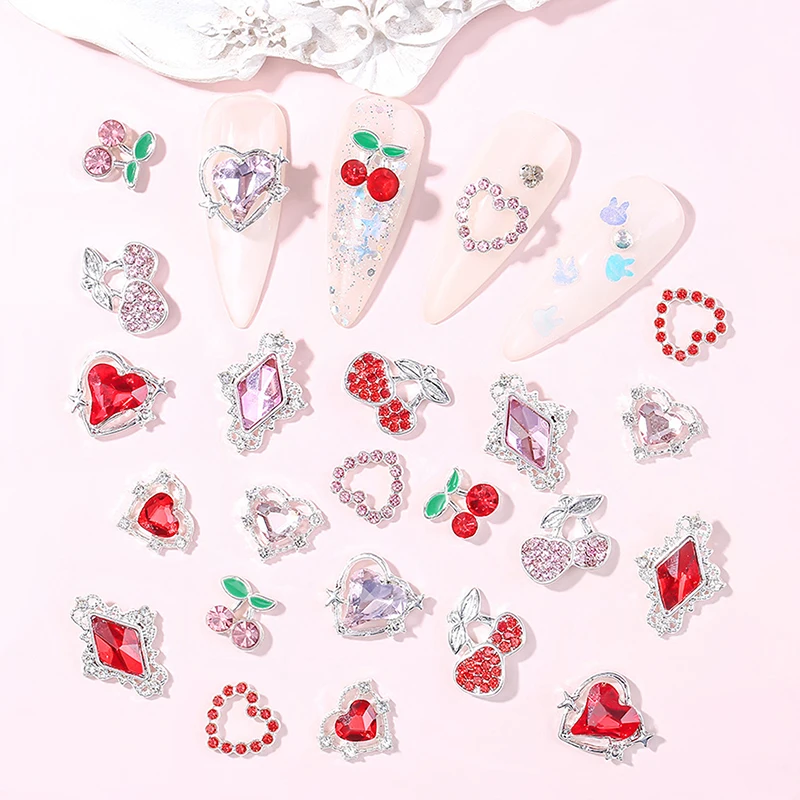 5 stks/partij 3D Legering Cherry Nail Charms Luxe Nagel Onderdelen Edelstenen Kristal Steentjes Steen Nail Art Decoraties Liefde Diamant