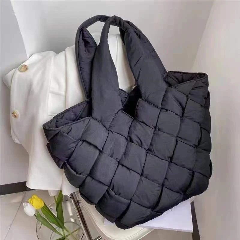 Korean Casual Puffer Tote Bags For Women Luxury Designer Handbags Purses 2023 New In Embroidery Rhombus Large Capacity Shoulder