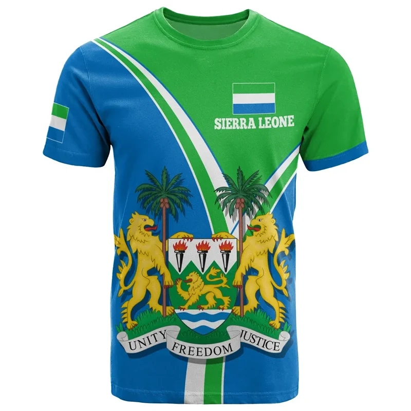 African Sierra Leone T Shirt Men Summer 3D Printed Coat Of Arms T-shirt Leisure Tops Crew Neck Tee Shirts Loose Short Sleeves