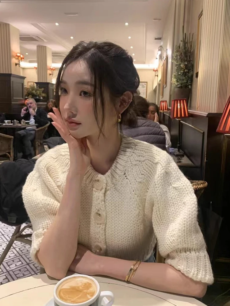 Cárdigan abierto de punto corto suave para mujer, Top con manga de burbuja, Top Retro con un solo botón, versión coreana, vie...