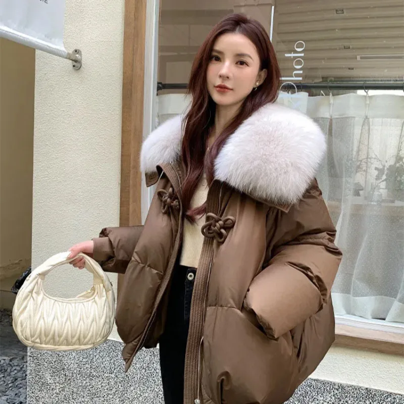 Women's Imitation Fox Fur Collar Down Jacket, Winter Overcoat, Short Chinese Knot, Warm Parker Coat, Female White Duck Down Coat