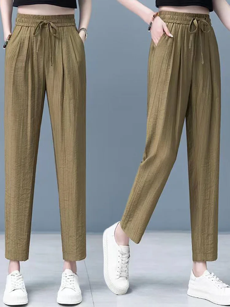 Ice Silk Women's Summer New Arrival Thin Straight Leg Loose Harlan Casual Pants High Waist Nine Points Trousers