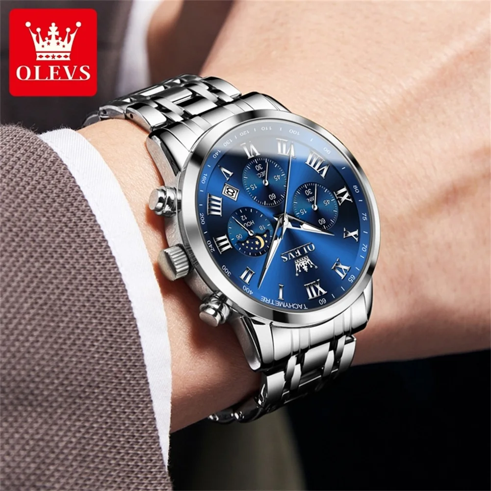 2024 OLEVS Top Brand Men\'s Watches Luxury Silver Blue Quartz Wristwatch Waterproof Luminous Moon Phases Watch for Men Date Clock