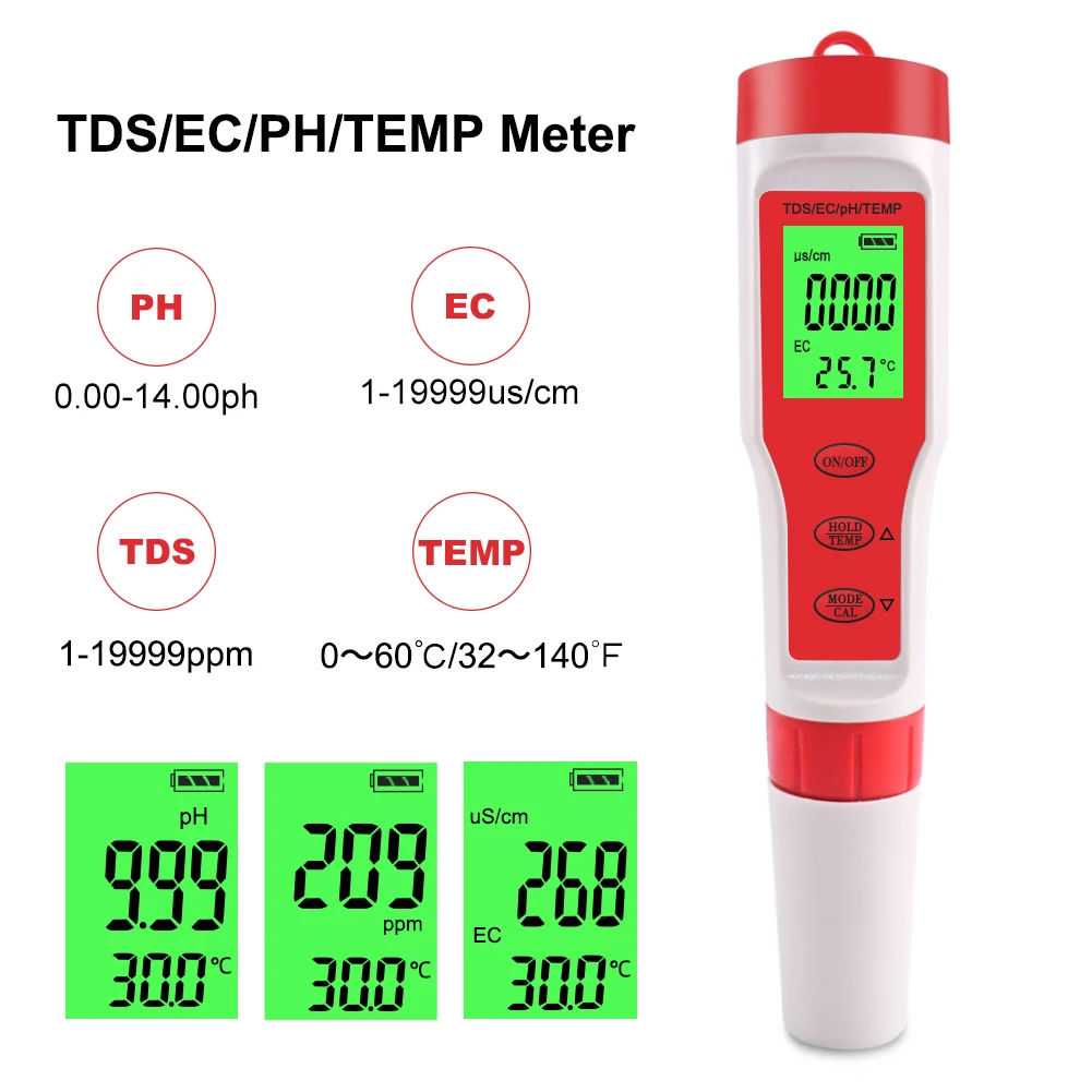 With Backlight Digital Water Tester 4 in 1 Test EC/TDS/PH/TEMP Water Quality Monitor Tester Kit for Pools Drinking Water