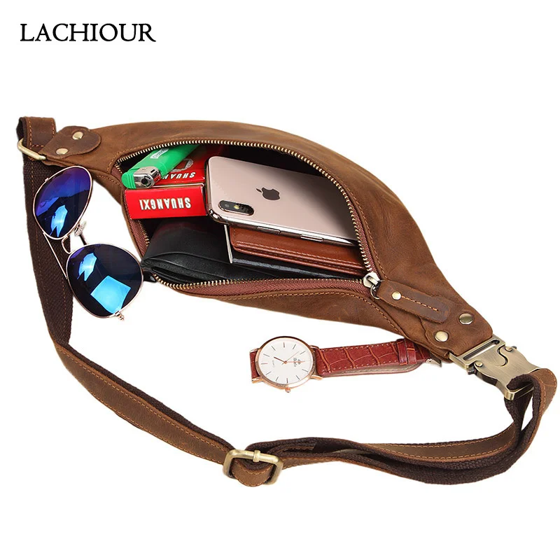 Men Crazy Horse Real Leather Waist Bag Men's Vintage Genuine Fanny Pack Male Belt Hip Phone Pouch