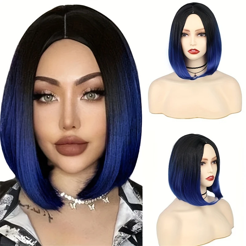 

Black to Blue Synthetic Wigs for Women Short Bob Blue Wigs Synthetic Shouler Length Bob Wigs Heat Resisitant Fiber Hair Women W