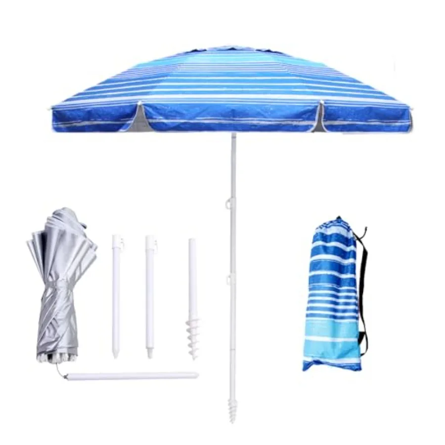 

6.5ft Beach Umbrella - Heavy Duty Wind Resistant UV 50+ Portable Sun Shade with Sand Anchor and Carry Bag Outdoor Folding Umbre