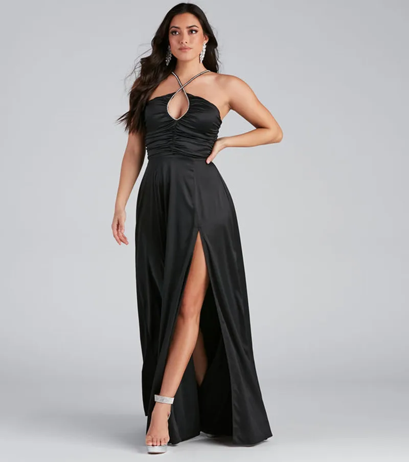 

Classical Black A Line Dresses Evening Women Wear Long Side Split Prom Gowns Keyhole Beaded Halter Neck Robe De Soiree