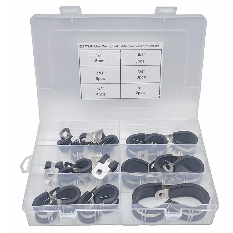 22Pcs Boxed R-type Rubber Lined Cable Clips, 304 Stainless Steel Saddle Clamps for Hose Wire Tube Fixing