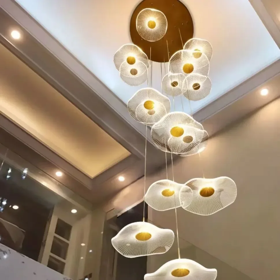 Modern LED Lotus Chandelier For Staircase Dining Room Luxury Gold Indoor Hanging Lamp Nordic Loft Long Creative Lighting Fixture