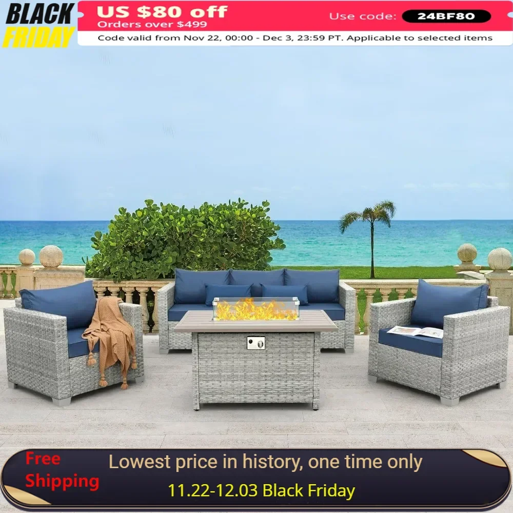 

Outdoor Patio Furniture Set 4 Piece Wicker Furniture PE Rattan Patio Chairs Couch Sectional Sofa with Fire Pit Table