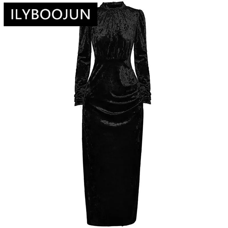 

ILYBOOJUN Fashion Designer Autumn Winter Women's dress Standing collar Long sleeved Ruched Slim Package hip Velvet Dresses