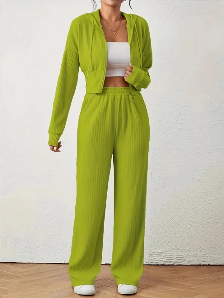 

Fashion Ultra-short Hooded Sweatshirt Women's 2-piece Set Autumn Casual Long-sleeved Shoulder Zipper Top Long Pants Set