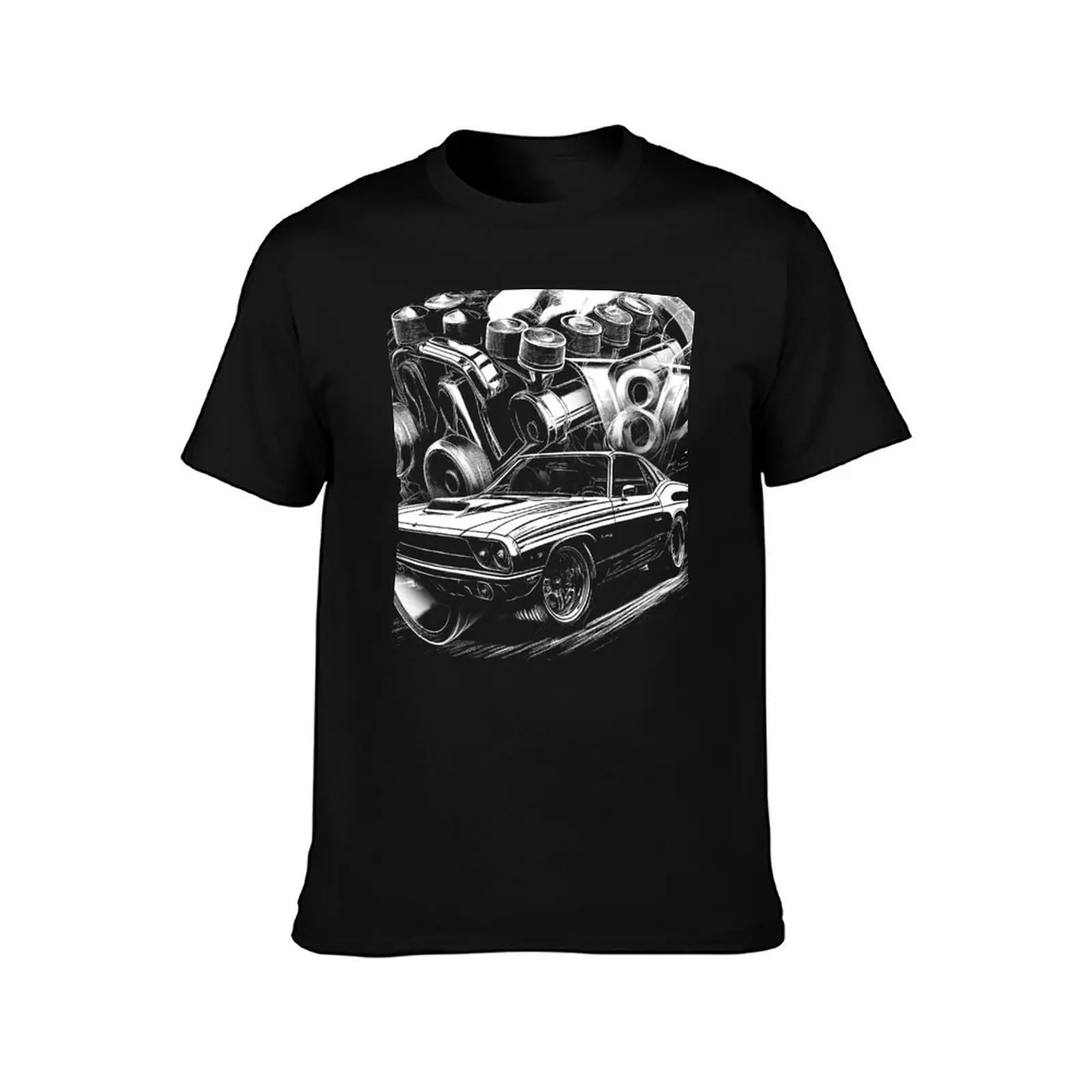 Muscle Car V8 Draw Illustration Black and White Sketch T-Shirt custom shirt gifts for boyfriend men clothing