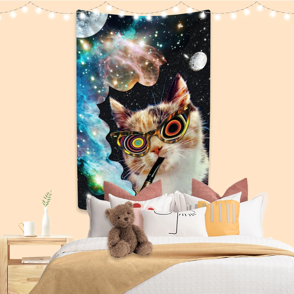 Psychedelic Animal Tapestry Funny Cat Meme Printed Wall Hanging Party Background Bedroom Dorm Decoration Painting Cloth