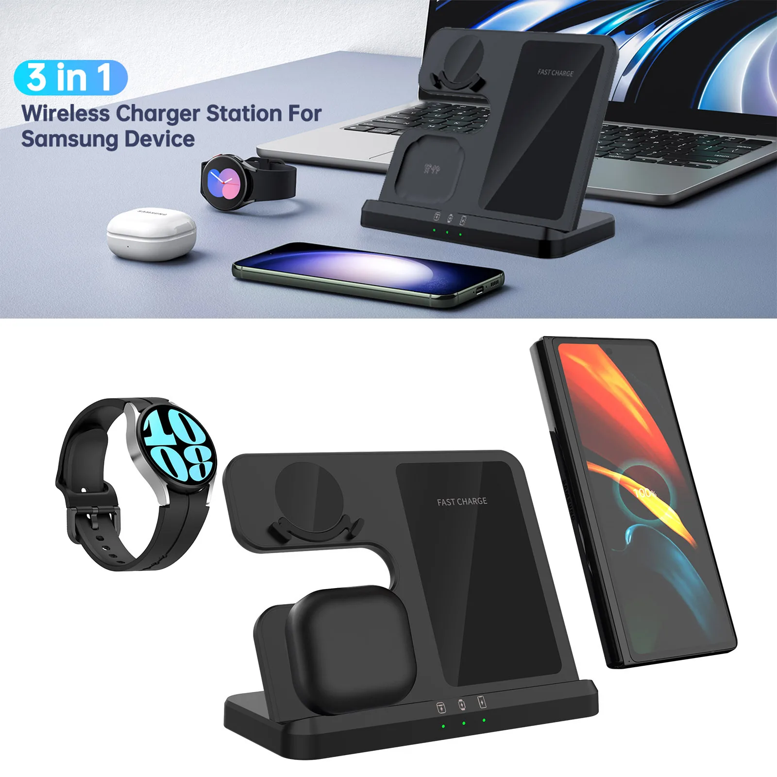 3 in 1 Fast Wireless Charging Station for Samsung S24/S23/S22/S21 for Galaxy Watch Ultra/7/6/5/4 Buds 2/3 Pro Charging station