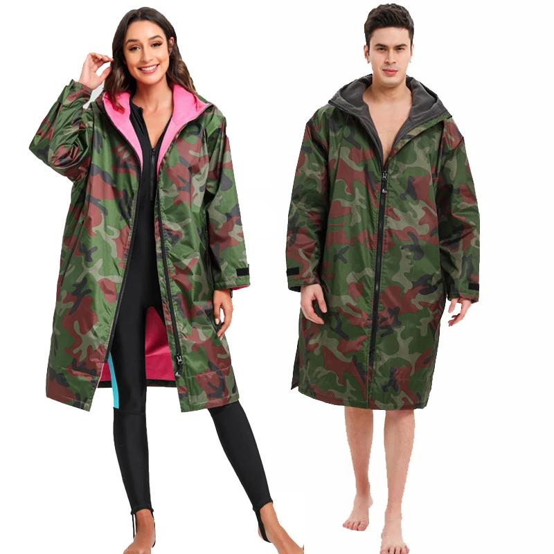 Adults Surf Changing Robe Waterproof Camo Jacket Hooded Cloak Beach Surf Pool Warming Fleece Lining Raincoat Unisex Parka Coat