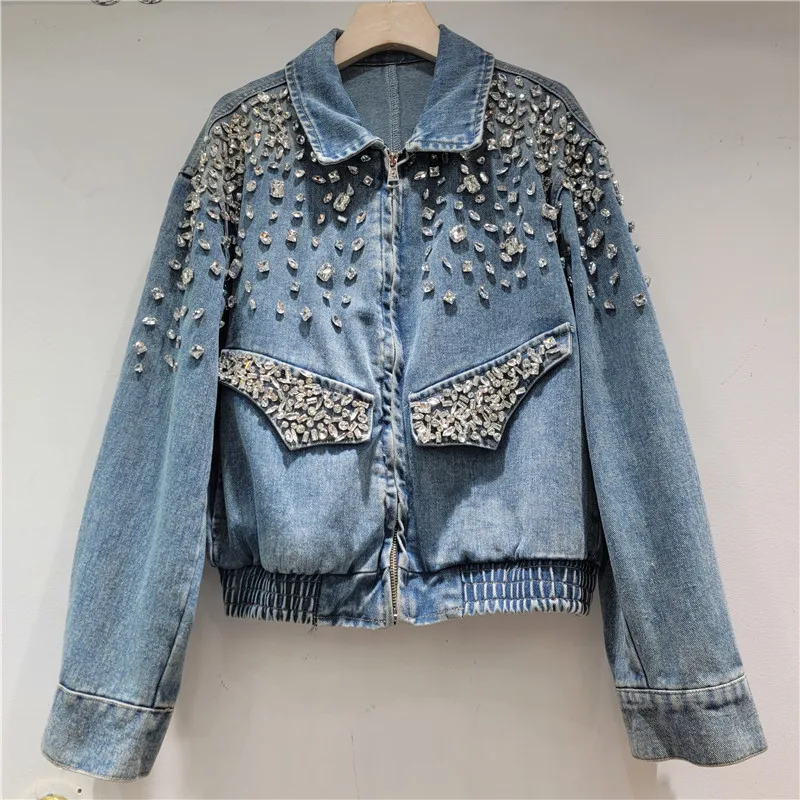 

Новая джинсовая куртка с тяжелой вышивкой бисером и стразами для женщин, весна 2026, свободная повседневная универсальная куртка на молнии, модный топ