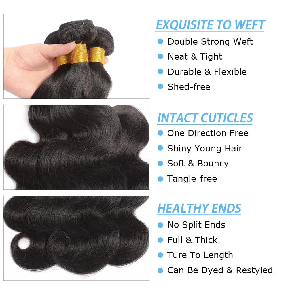 Human Hair Bundles Body Wave 100% Real Human Hair Bundles With Closure Natural Color Double Weft Extensions Frontal 4x4 Lace #1B