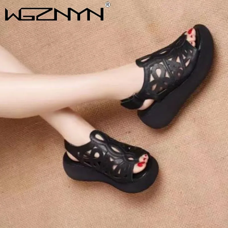 2022 NEW Summer Women Sandals Genuine PU Leather Wedges High Heel Platform Hollow Peep Toe Female Ladies Shoes Zapatos De Mujer