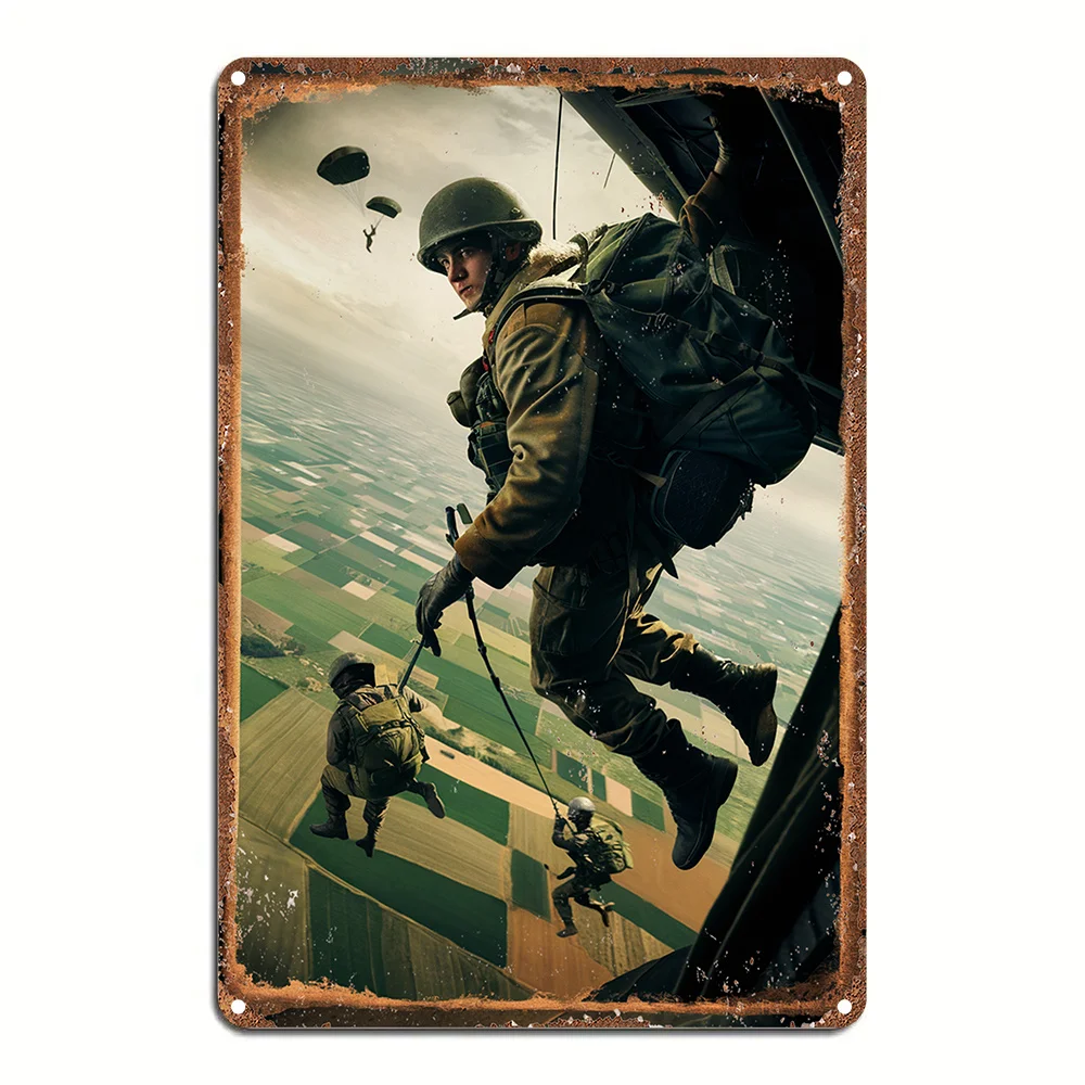 Vintage WWII Paratroopers Jumping from Aircraft Metal Tin Sign Retro Military Art Wall Plaque Airborne Soldiers Themed Iron Pain