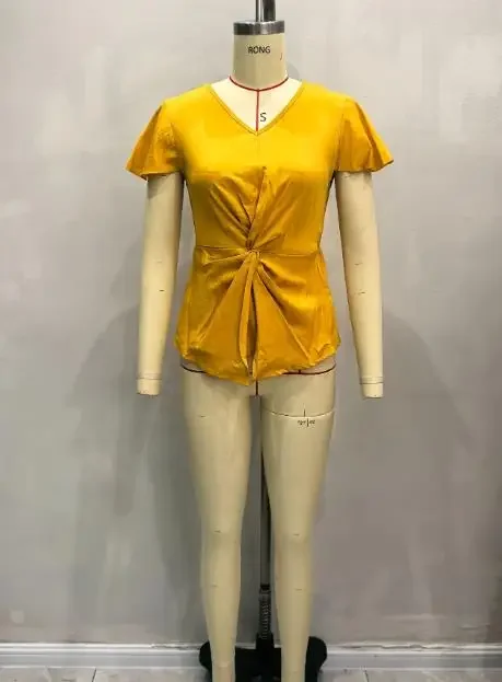Female Casual Versatile Tops Temperament Commuting Women's New V-Neck Twisted Waist Flying Sleeve Top Solid Elegant T-Shirt