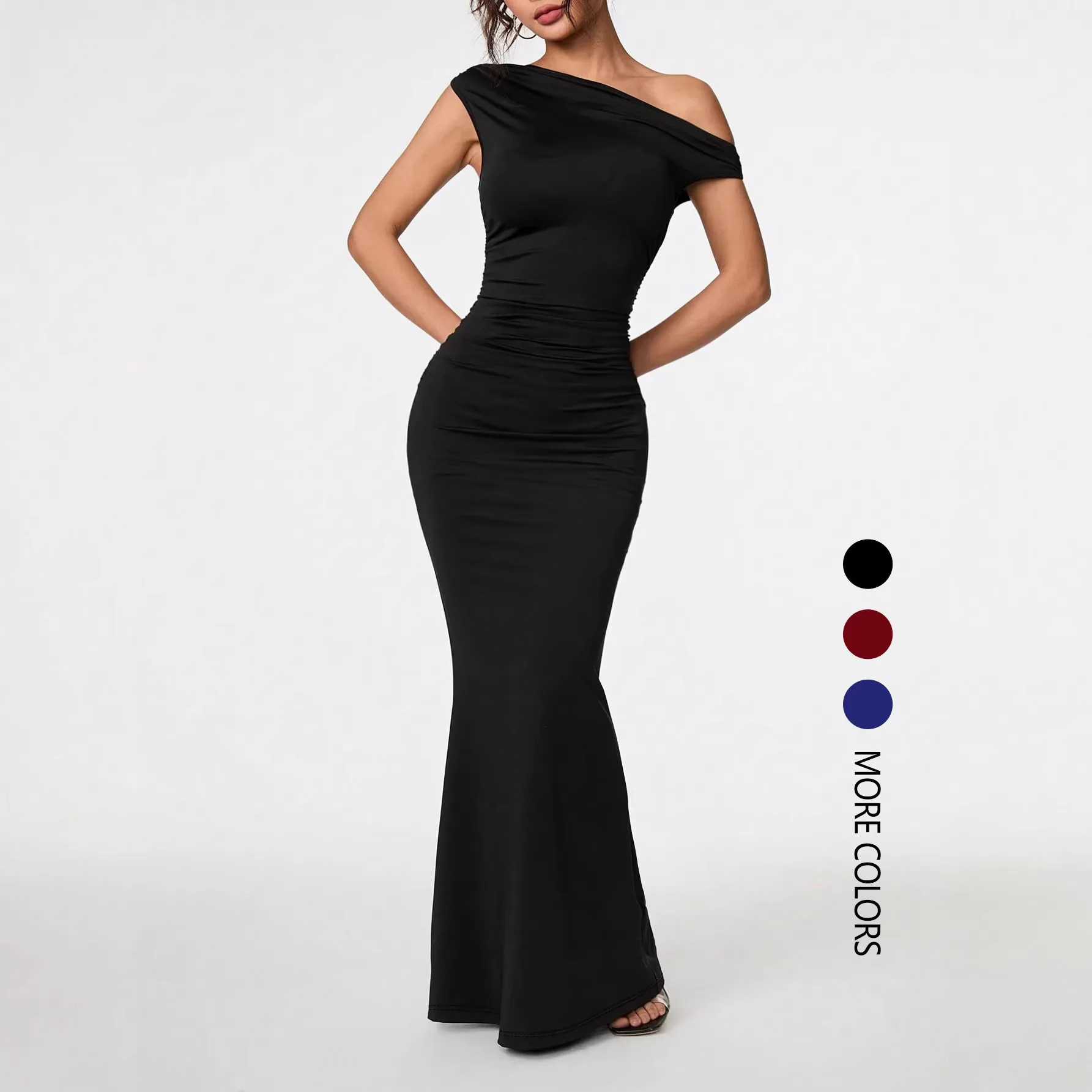 

2026 New Fashion Elegant Solid Color Slim Fit Sexy Long Asymmetrical Shoulder Dress Women Pleated Mermaid Skirt