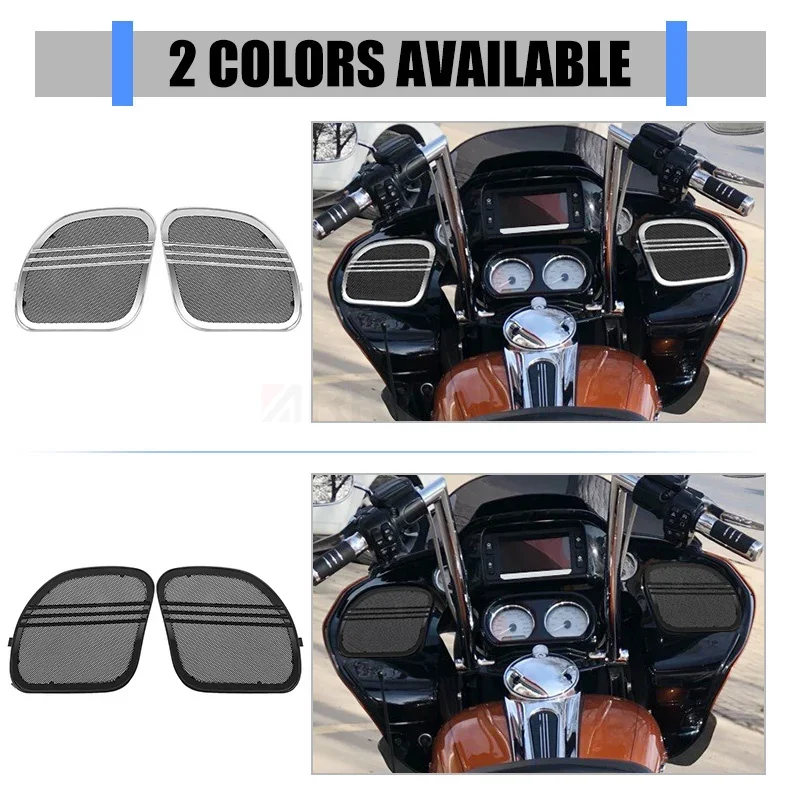 Motorcycle Black Chrome Tri-Line Speaker Grills Horn Cover Trim Mesh For Harley Touring Road Glide Limited Special 2015-UP