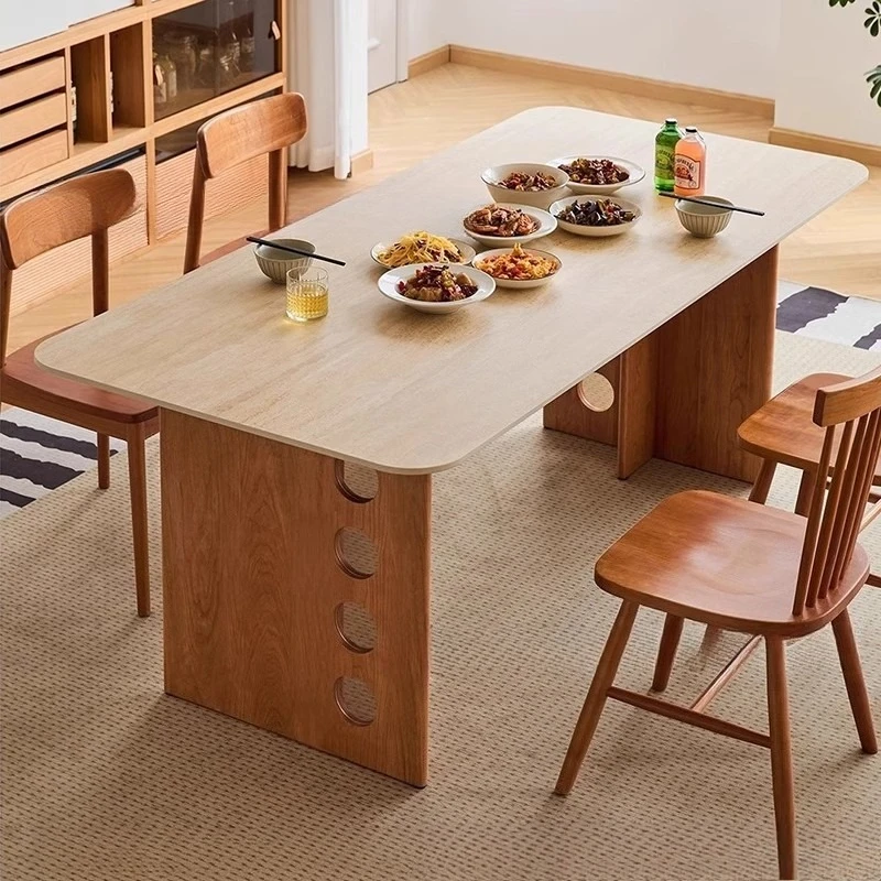 

Medieval travertine rock slab dining table household small apartment dining table cherry wood worktable all solid wood dining