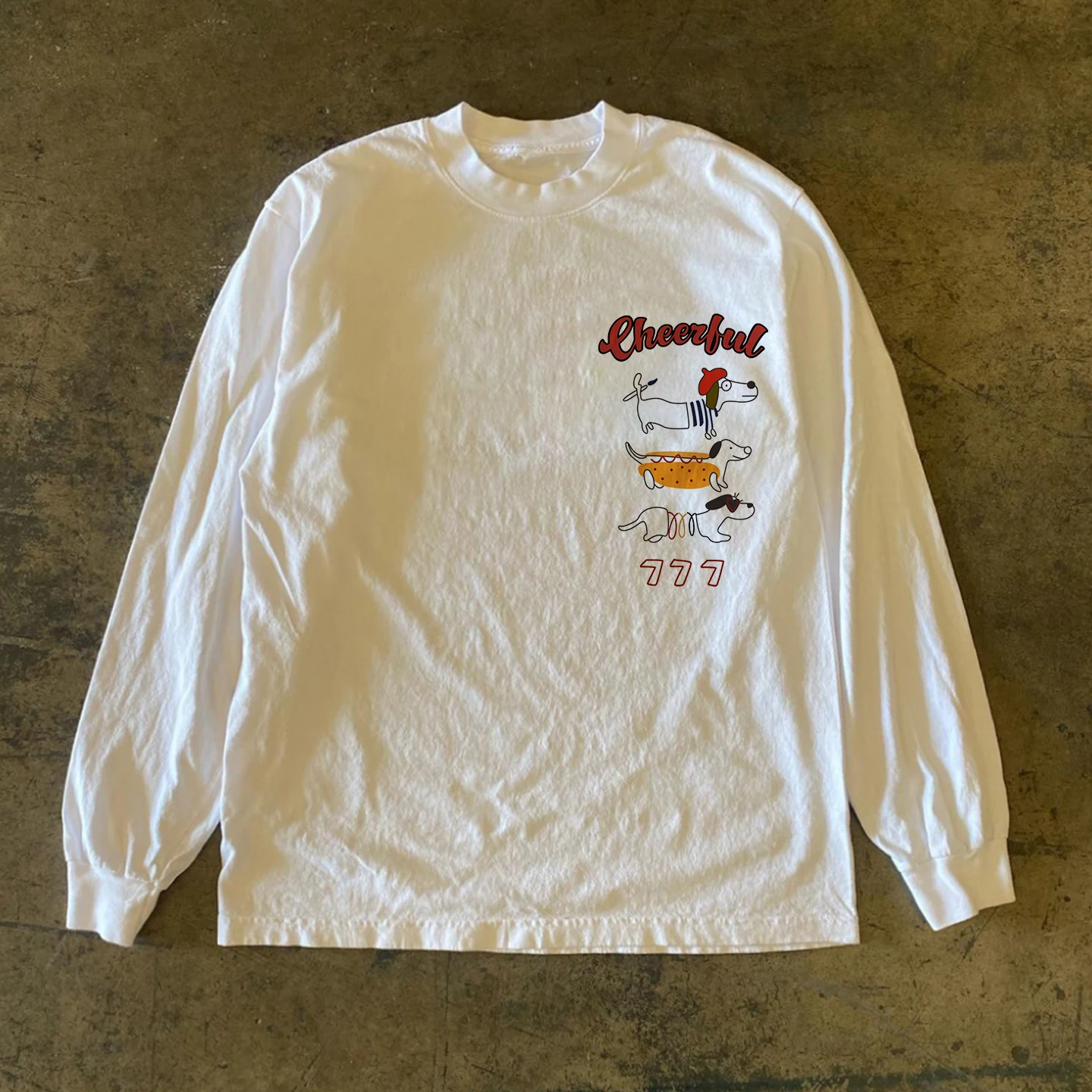 Heavyweight 310g Pure Cotton Long Sleeve American Retro Street Style T-Shirt Youthful Trendy Loose Fit round Neck Dog Print