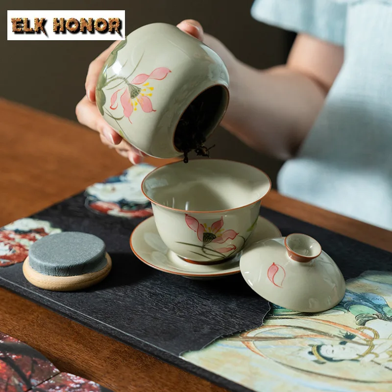 Plant Ash Hand-painted Lotus Tea Box Organizer Moisture-proof Retro Storage Tank Containers Tea Caddy Tea Services Decoration
