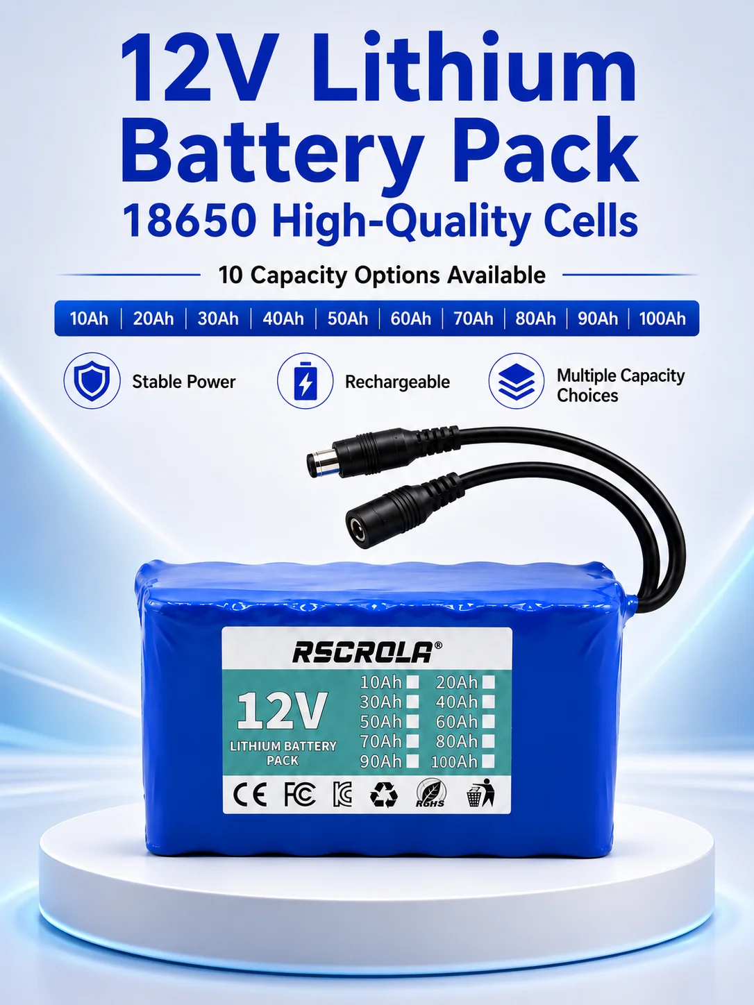 AliExpress Rscrola Rechargeable 12V 18650 Lithium Battery Pack with BMS, for Solar, LED Light, RC Model, Power Supply, Long Cycle Life with Charger