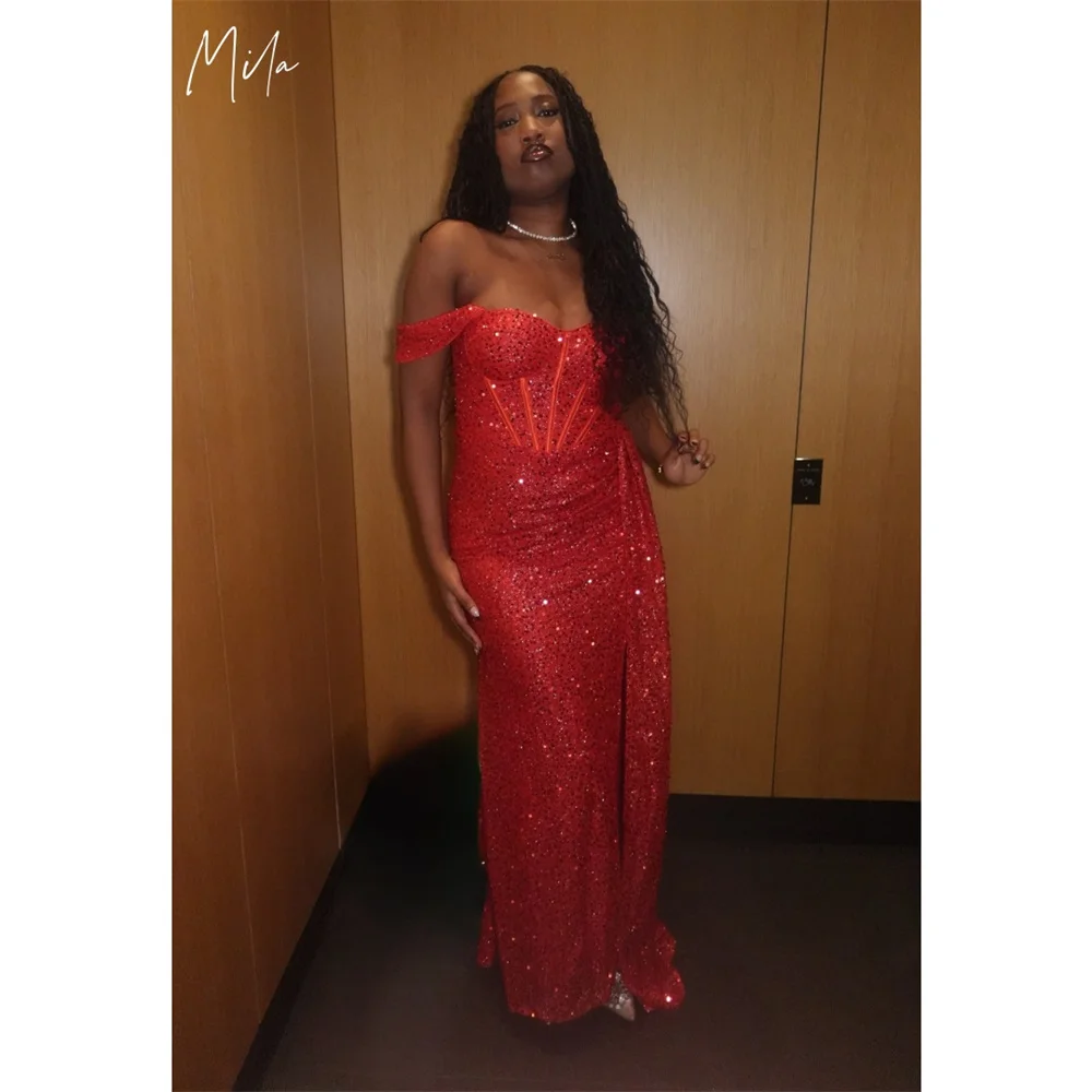 

Mila Red Off Shoulder Prom Dress Short Sleeve Beaded Customized Luxurious Women Evening Dresses Sexy Mermaid vestidos de fiesta