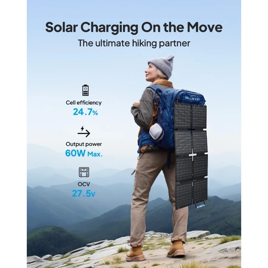 60W Foldable Solar Panel with 60 Watt Output for Outdoor Use in Hiking Camping and Travel Handsfree Design with AC2A Compatibil