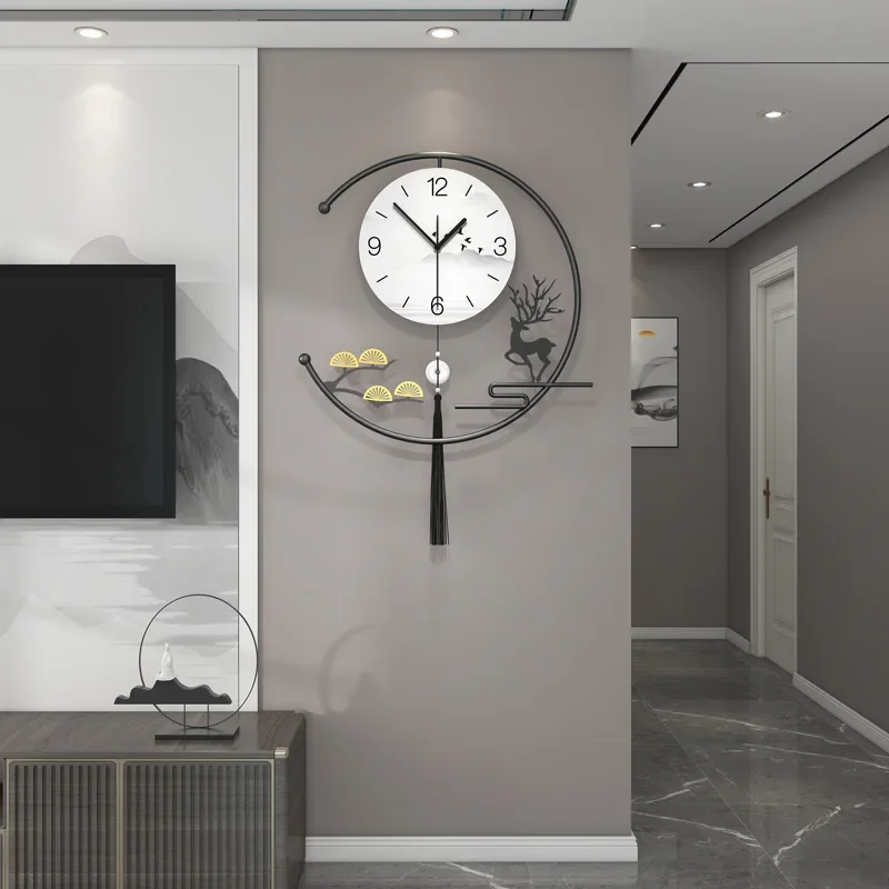 Wall clock living room advanced sense new Chinese home decoration punch-free clock hanging wall modern simple quartz clock image 2
