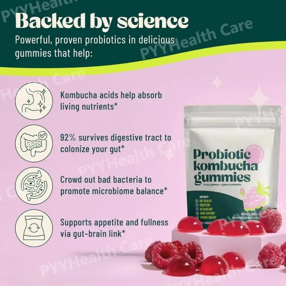 

Kombucha Gummies with Probiotics and Prebiotic Fiber, Vegan Berry Flavor Daily Digestive Support Supplement for Adults, 30 Count