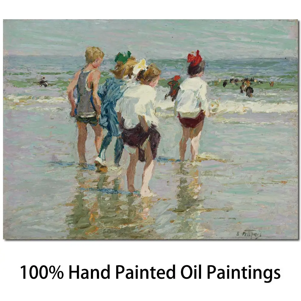 

Wall Art Seascape Painting Children On the Beach Hand Painted Edward Henry Potthast Oil Canvas Artwork Summer Day Home Decor