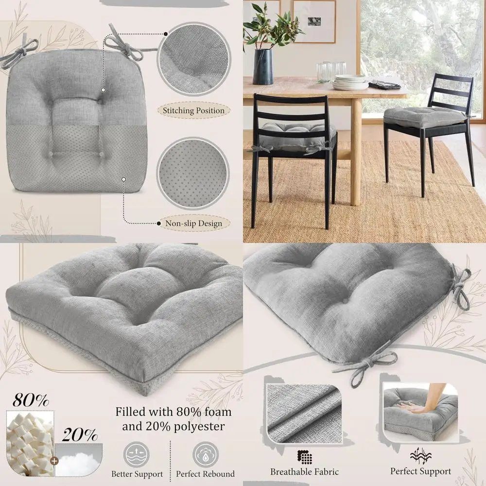 

Light Grey Dining Chair Cushions, 17 x 17 Non-Slip Pads with Ties, Set of 4 for Indoor Use