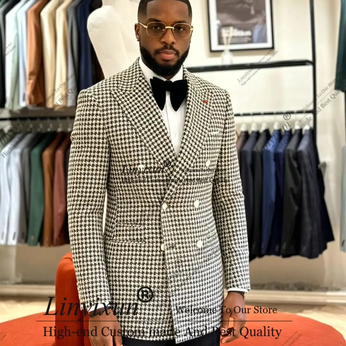

Fashion Houndstooth Printed Blazer Pants Tailor-made Business Wedding Tuxedos Classic Tweed Men Suits 2 Pieces calça masculina