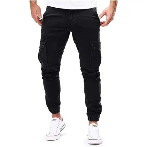 Mens Elasticated Waist Cargo Combat Work Trousers Pocket Cuffed Joggers Pants Men's Multiple Pockets Pencil Pants Men's Trousers