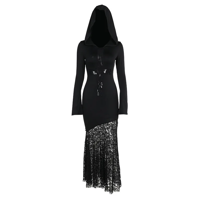 ONE TO WAN Goth Dark Elegant Damen Kapuzenkleid Mall Gothic Kreuz Ausgeschnittene Spitze Gespleißtes Party Acubi Sexy Bodycon Kleider Slim – Detail 21