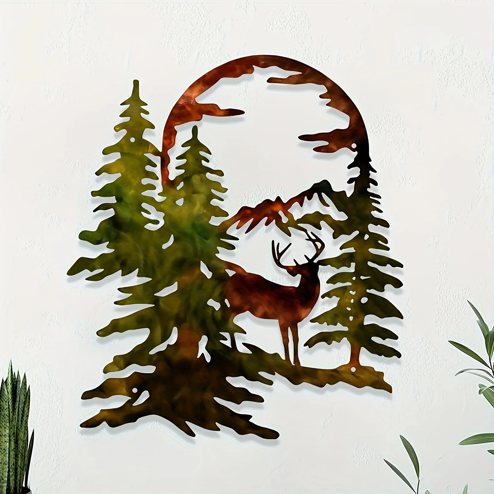 Rustikale Metall-Wandkunst mit Hirschenmotiv - mit Zwei Hirsch-Silhouetten, Kiefern & Halbmond - Innen-/Außendekoration für Wohnzimmer