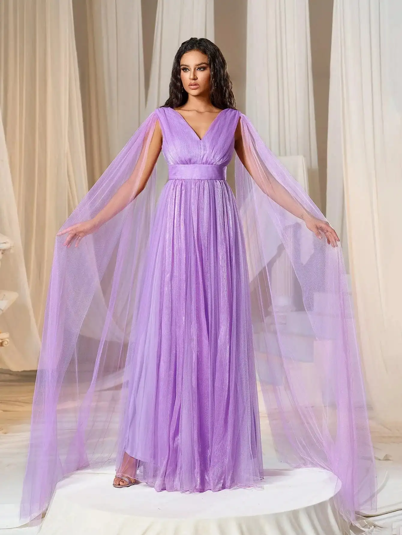 Plunging Neck A Line Bridesmaid dress With Cape Party Dress & Evening Dress