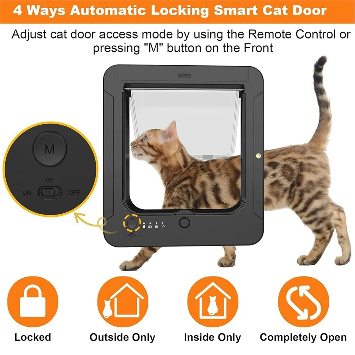 HITL Smart Cat Door with 3 Collar Sensor, RFID Cat Door Collar Activated with Remote Control, 4 Way Locking Black